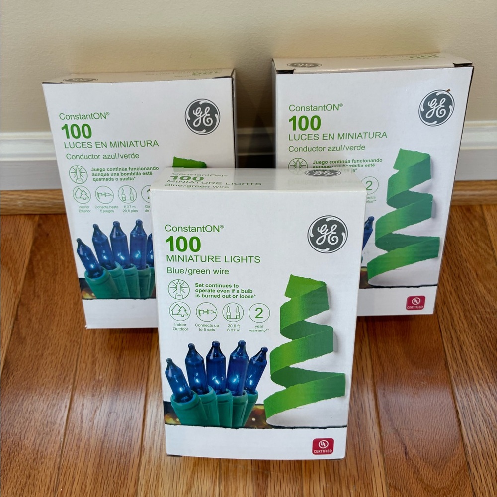 3 Boxes GE 100 Miniature Lights Outdoor Constant On Blue/Green Wire